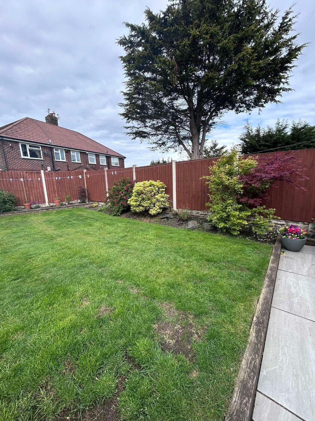 Tidy lawn with paved path running through a landscaped garden